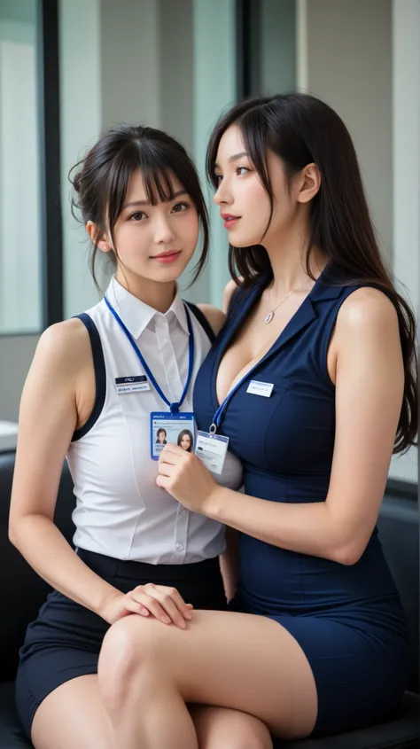 ((masterpiece, top quality, 最high image qualityのKiによる撮影, high image quality , photorealistic, RAW photo)), 2 girls , Two people, beautiful young woman, realistic skin texture , Big Breasts (((sleeveless, 天然Big Breasts, ))), 美しいthigh、((In the offi...