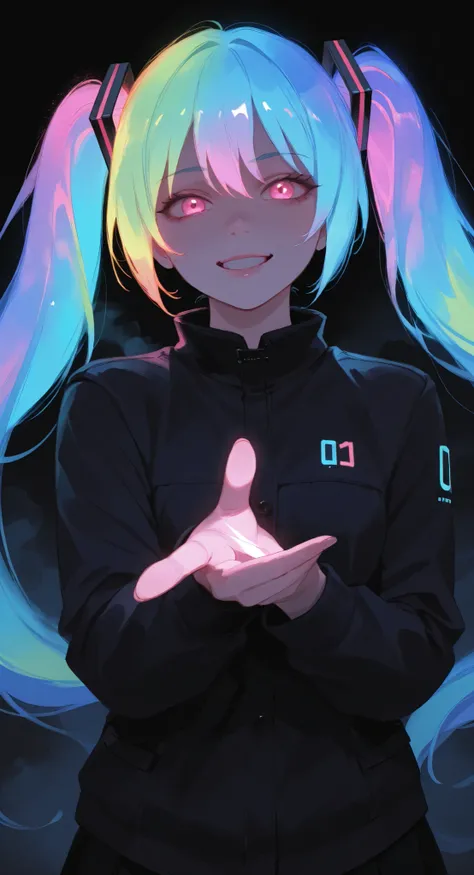 masterpiece,best quality,amazing quality,very aesthetic,absurdres,newest,impactful picture,offcial art,movie perspective, (aos:0.5),(fajyobore:0.5),(chiaroscuro:0.5), Hatsune Miku,limited palette,black background,colorful,vibrant,glowing outline,neon,black...