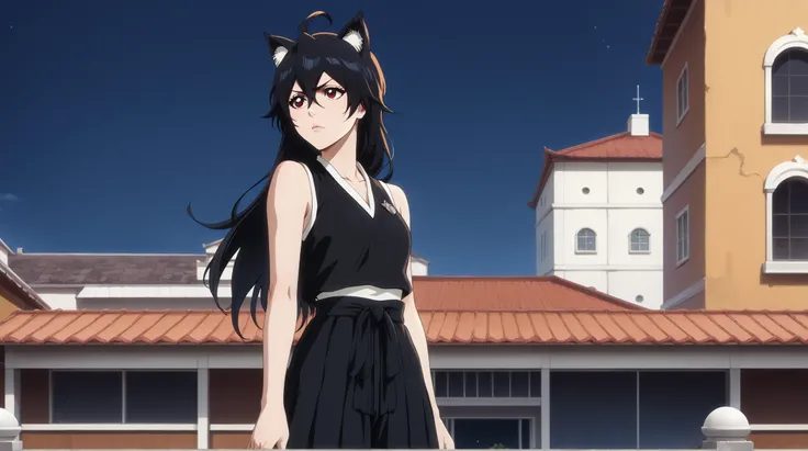 a fifteen-year-old girl , young lady , One, shinigami from the anime bleach .
Appearance: , junkotvvxl , red eyes, black hair, cat ears, blows, hair between eyes, long hair, , (Ahoge), straight bangs, hair between eyes, , black clothes шинигами, se...