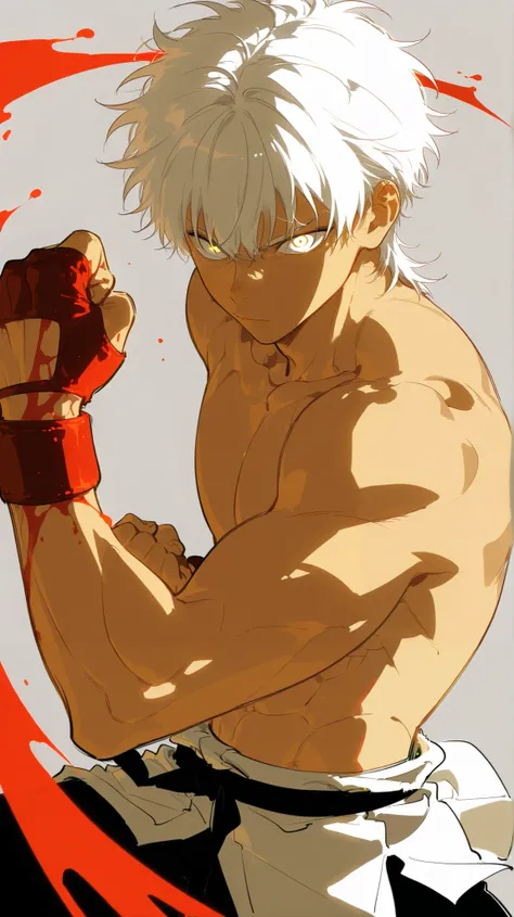 Handsome, Athletic, alone, male, Short spicky hair, long white hair, black yellow eye, no shirt, black pants, , intricate sketch, expressive eyes nose and mouth, Abs, simple pose, clench fist, martial art stance, blood on his fists , perfect Anatomy