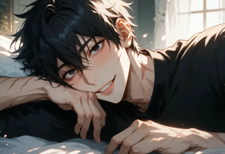 anime boy with black hair and black shirt laying on a bed, grinning lasciviously, gapmoe yandere, portrait gapmoe yandere grimdark, [[[[grinning evily]]]], smiling, tall anime guy, black void eyes, gapmoe yandere grimdark, handsome japanese, kaneki ken, bl...