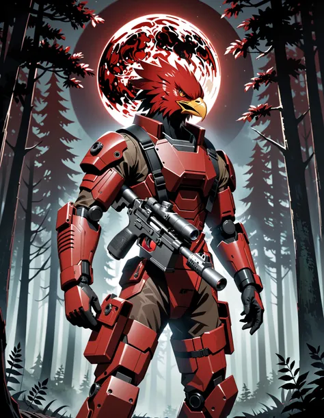fierce expression, red-feathered humanoid eagle with sharp beak, futuristic red combat suit with black tactical straps, (holding a dl44blstr pistol), confident and dominant pose, standing with one arm raised, intense gaze looking forward, moonlit outdoor f...