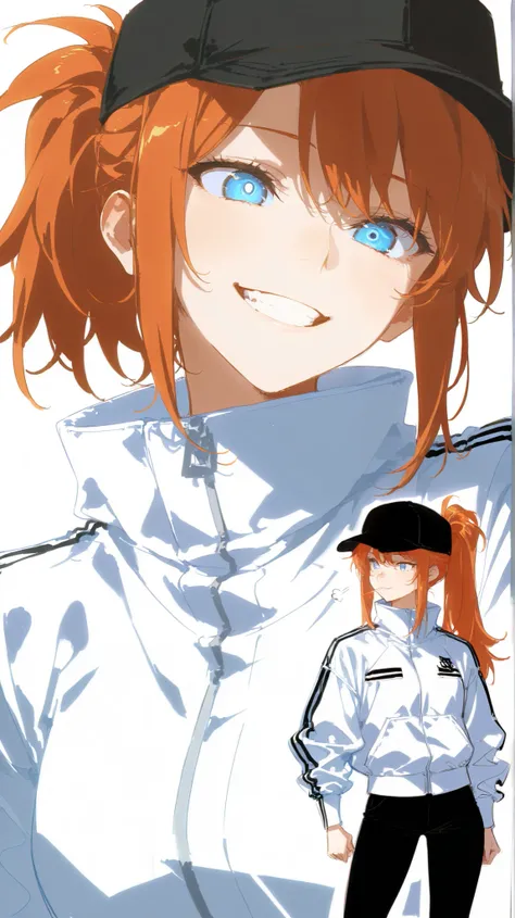 Athletic tall woman in futuristic fantasy clothes, smiling , black cap, black cap, orange hair in a ponytail, blue eyes, white oversize jacket, black pant, intricate sketch, expressive eyes and nose and mouth, un-zoom, highly detailed, white background, up...