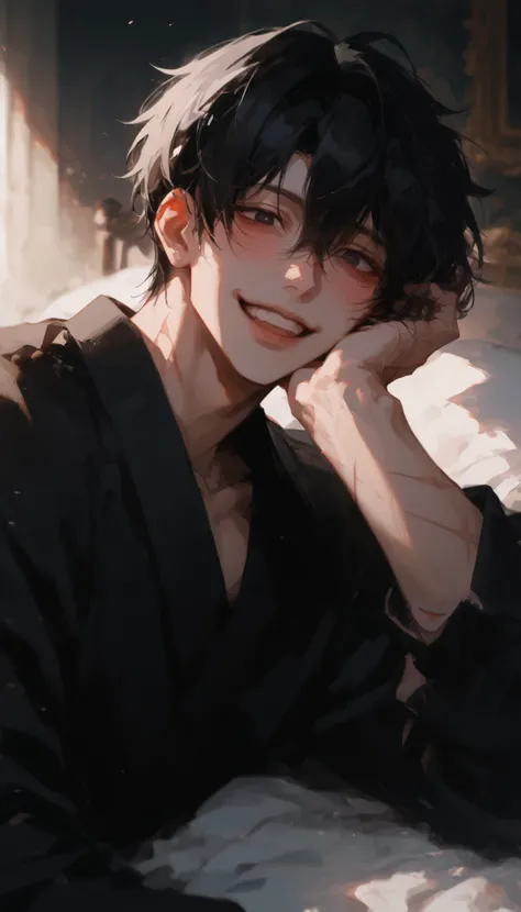 anime boy with black hair and black shirt laying on a bed, grinning lasciviously, gapmoe yandere, portrait gapmoe yandere grimdark, [[[[grinning evily]]]], smiling, tall anime guy, black void eyes, gapmoe yandere grimdark, handsome japanese, kaneki ken, bl...