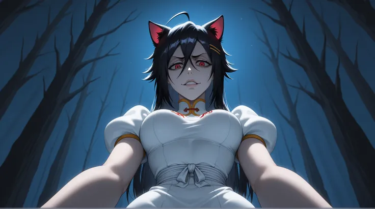 (sfw), portrait, solo focus, solo, close-up, (very dark forest background, night dark forest background, evil, detailed background:1.3), staring down at viewer, (parted lips:1.2), :1.2) eft_bleach_orihime, the thousand year blood war arc, 1girl white , jun...