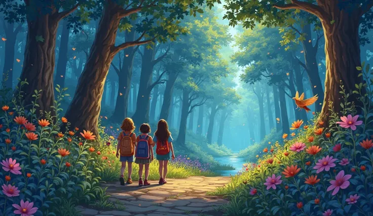 Lili and her friends arrive at the edge of the Enchanted Forest. The trees are tall, with rainbow-colored leaves, and gigantic flowers bloom along the path. Fireflies light up the area like twinkling stars. The bird stops at the entrance, waiting for them ...