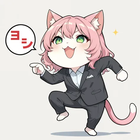 cute cat girl, genba _neko,chibi, pointing, standing on one leg, :3, open mouth, meme, parody, simple background, white background, full body, (office lady, suit), 4K High Resolution, vibrant coloring, best quality, 4K, masterpiece, hyper detailed, studio ...