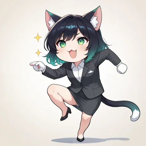 cute cat girl, genba _neko,chibi, pointing, standing on one leg, :3, open mouth, meme, parody, simple background, white background, full body, (office lady, suit), 4K High Resolution, vibrant coloring, best quality, 4K, masterpiece, hyper detailed, studio ...