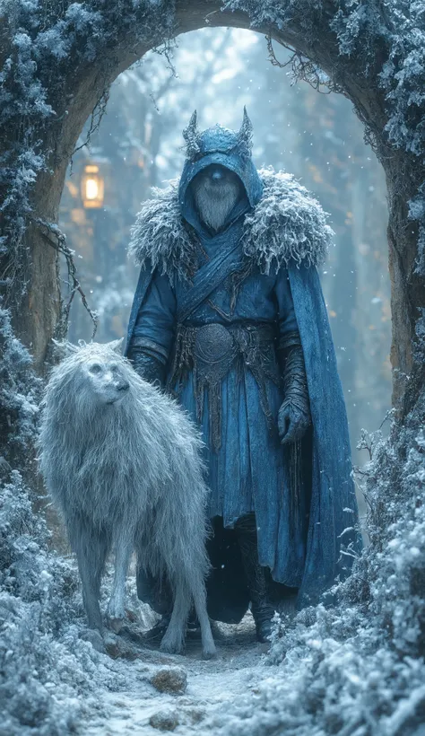 Dog God – The Everfrost Guardian**
*A **wolf-headed god** in **armor forged from meteor iron** stands vigil at a **gate of frozen cherry blossoms**. His **muted xiongquan (mythic hound)** has **fur like spun platinum** and breathes swirling runes. Warm b...