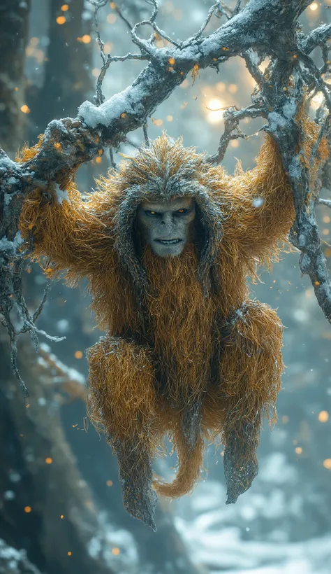 Monkey God – The Frostvine Trickster**
*A **golden-furred god** swings from **frozen willow branches**, his **tail coiled with enchanted ice-chains**. He grins with **teeth like hailstones**, and his **muted spirit-monkey** throws snowballs that hang mid...