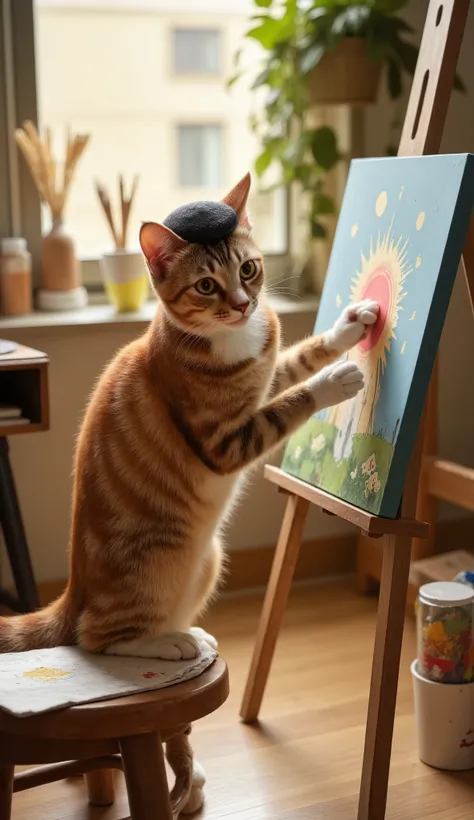 Anime orange cat with paint-splattered paws creating a masterpiece on canvas, wearing a tiny beret. Art studio filled with colorful brushes and palettes, sunlight illuminating dust particles. Whimsical Studio Ghibli aesthetic, warm lighting, highly detaile...
