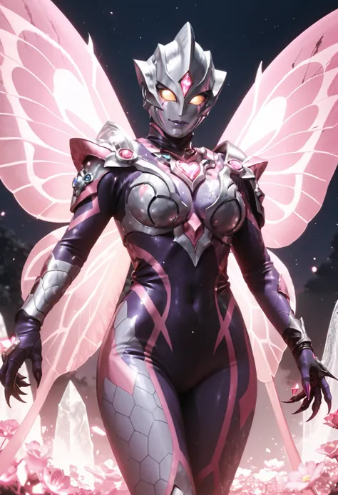 Ultraman Style Girl. Covered in black and purple skin. Pink lines. Glowing crystals on chest. Sharp claws. Firm breasts. Curved waist. Thighs. Inorganic face. Armor-like skin. Honeycomb-patterned skin. Humanoid insect. Mosquito wings. Opal colored wings. A...