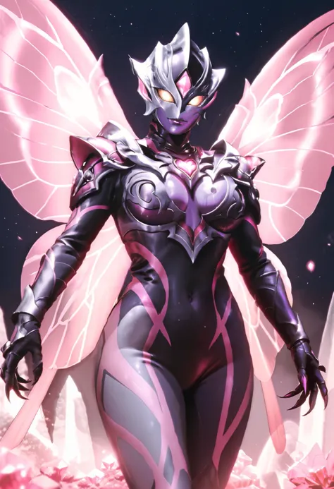 Ultraman Style Girl. Covered in black and purple skin. Black metallic full mask. Pink lines. Glowing crystals on chest. Sharp claws. Firm breasts. Curved waist. Thighs. Inorganic face. Armor-like skin. Honeycomb-patterned skin. Humanoid insect. Mosquito wi...