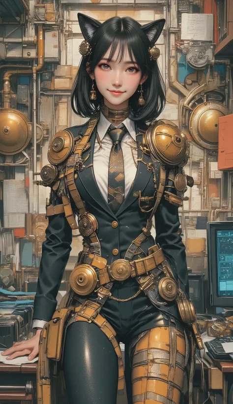 top quality, Super quality, 16K, incredibly absurd, very detailed, 2.5D, delicate and dynamic, A woman with pretty cat ears, enchanting smile, Working in the office, in a suit、amazing style, short bob cut hair, steampunk, DIESEL PUNK, clock punk , cyberpu...