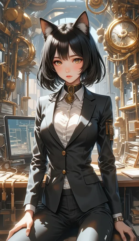 top quality, Super quality, 16K, incredibly absurd, very detailed, 2.5D, delicate and dynamic, Sexy cat girl, serious expression, Working in the office, in a suit、amazing style, short bob cut hair, steampunk, DIESEL PUNK, clock punk , cyberpunk, Glitter e...