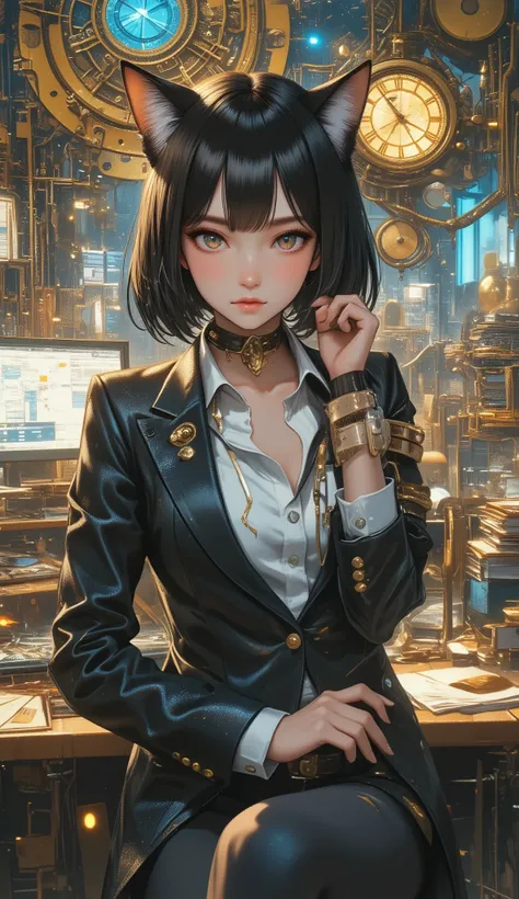 top quality, Super quality, 16K, incredibly absurd, very detailed, 2.5D, delicate and dynamic, Sexy cat girl, serious expression, Working in the office, in a suit、amazing style, short bob cut hair, steampunk, DIESEL PUNK, clock punk , cyberpunk, Glitter e...
