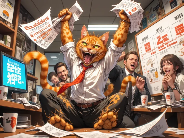 "Cartoon-style (exaggerated expressions:1.3) featuring an anthropomorphic orange cat in a chaotic office setting. The humanoid cat has vibrant orange fur (disheveled:1.3) with a few stray hairs standing up in frustration. His eyes are large and expressive ...