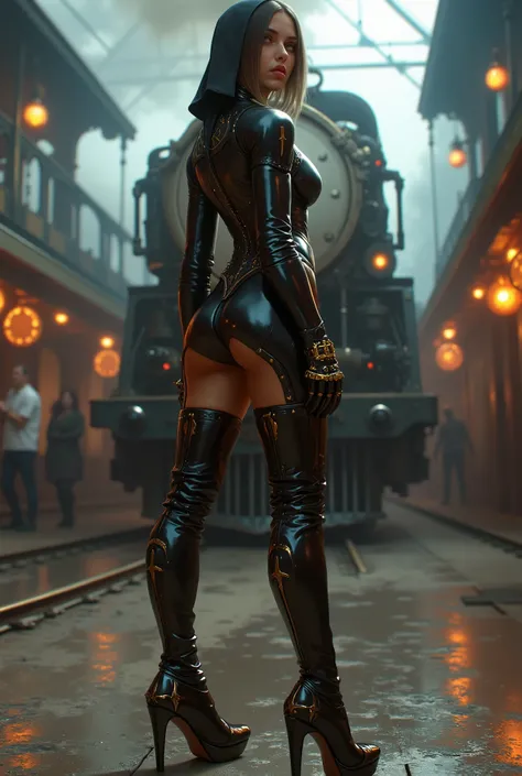 Full body. steampunk women, black thigh high boots with 12 inch heels, looking back over her shoulder, “full body portrait” at a train station with a steam train