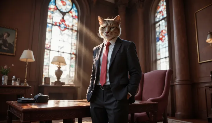 A captivating, fantasy portrait of a cat dressed in a business suit, highly detailed feline facial features, serious expression, standing upright with paws in pockets, in a luxurious office interior with mahogany furniture, plush armchair, stained glass wi...