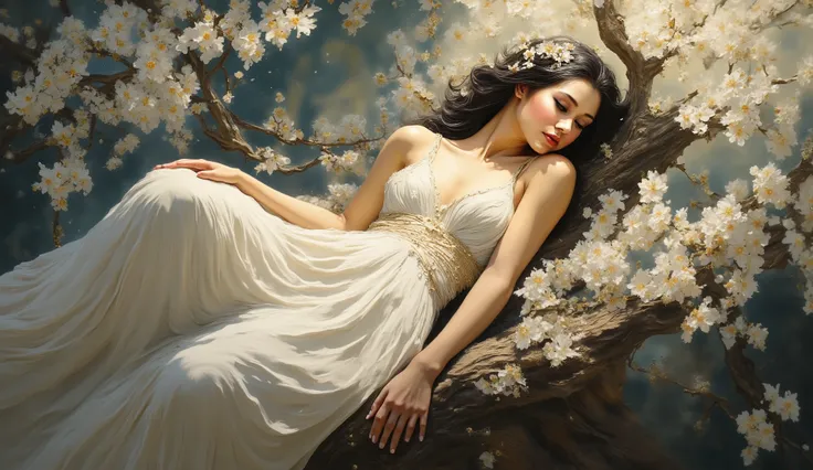 painting of a woman in a white dress and a tree, beautiful stunning digital art , karol bak uhd, Bela arte UHD 4K, beautiful digital artwork, beautiful digital art, stunning digital art , very beautiful digital art, exquisite digital illustration, a bea...