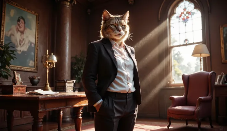A captivating, fantasy portrait of a cat dressed in a business suit, highly detailed feline facial features, serious expression, standing upright with paws in pockets, in a luxurious office interior with mahogany furniture, plush armchair, stained glass wi...