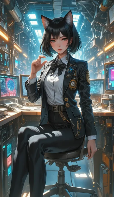 top quality, Super quality, 16K, incredibly absurd, very detailed, 2.5D, delicate and dynamic, Sexy cat girl, serious expression, Working in the office, in a suit、amazing style, short bob cut hair, steampunk, DIESEL PUNK, clock punk , cyberpunk, Glitter e...