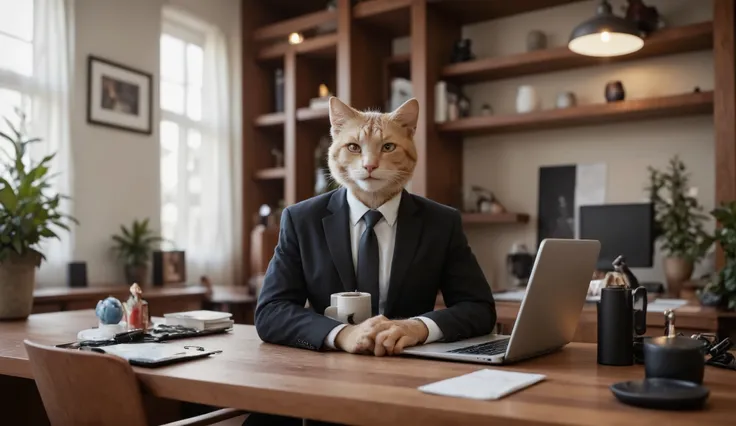 a cat dressed in a business suit,sitting at a modern office desk,working on a laptop computer,surrounded by office supplies and decor,professional expression,detailed facial features,smart and focused,high-quality,photorealistic,studio lighting,ultra-detai...