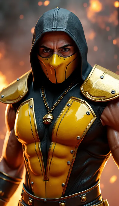 Here's a detailed warning to generate a super realistic image of ROBERT DOWNEY JR as a Scorpion, with a shiny metal mask and details in yellow and gold, focus on the upper body: "Close-up hiper-realista do Hugh Jackman como Scorpion, the iconic ninja spect...