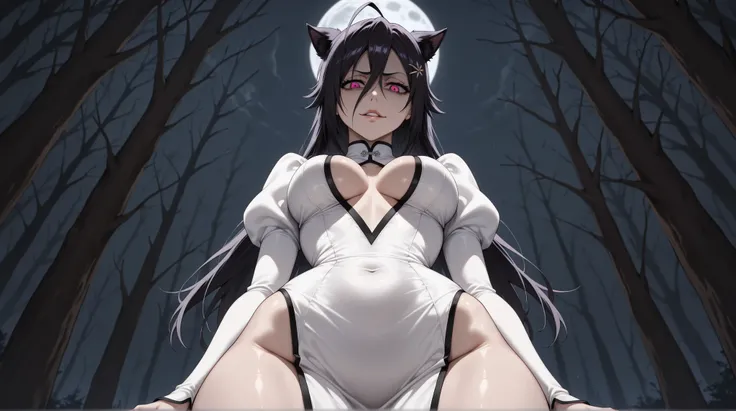portrait, solo focus, solo, close-up, (very dark forest background, night dark forest background, evil, detailed background:1.3), staring down at viewer, (parted lips:1.2), :1.2) eft_bleach_orihime, the thousand year blood war arc,A clear 1girl, white , ju...