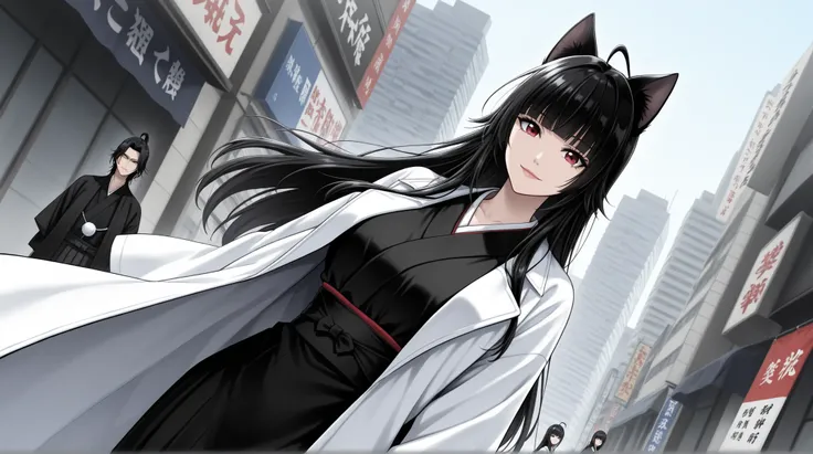 score_9, score_8_arriba, score_7_arriba,   source  _anime,
Rangiku Matsumoto, Alone, ((cat girl, cat black ears)), (red eyes), (long hair), (( black hair, (Ahoge), straight bangs,)),, Long Hair, abrigo tipo mole, moonlike coat under his mouth, 
mangas larg...