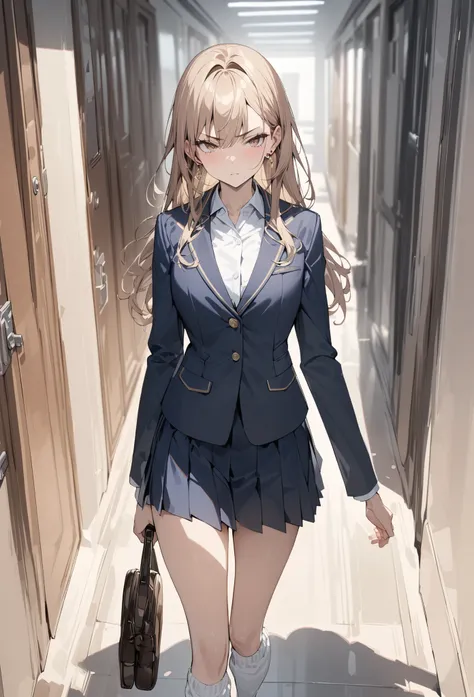 ((masterpiece,super quality:1.2)),(super resolution),(solo),8k,cowboy shot(front),Slender, slender high school girl walking down the school hallway,beautiful face,( Light Brown Long Hair ),Perfect brown eyes,serious expression,high quality navy blue blazer...