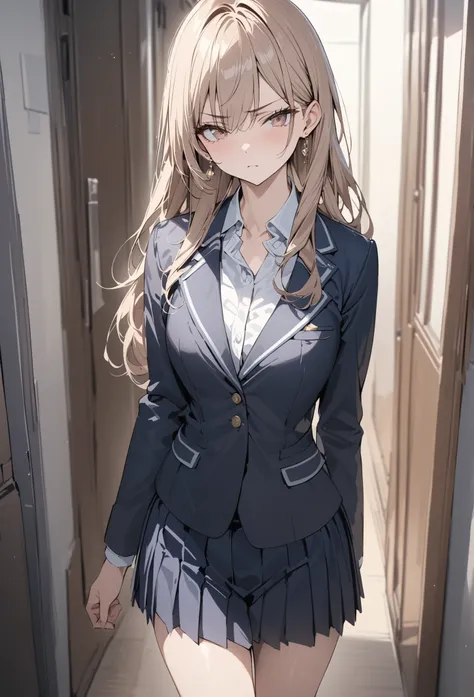 ((masterpiece,super quality:1.2)),(super resolution),(solo),8k,cowboy shot(front),Slender, slender high school girl walking down the school hallway,beautiful face,( Light Brown Long Hair ),Perfect brown eyes,serious expression,high quality navy blue blazer...