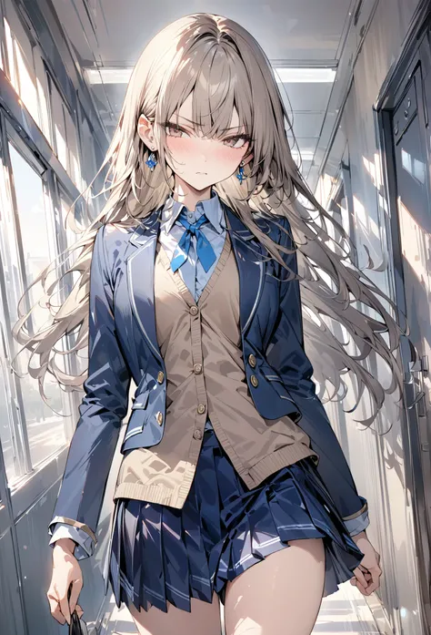 ((masterpiece,super quality:1.2)),(super resolution),(solo),8k,cowboy shot(front),Slender, slender high school girl walking down the school hallway,beautiful face,( Light Brown Long Hair ),Perfect brown eyes,serious expression,high quality navy blue blazer...