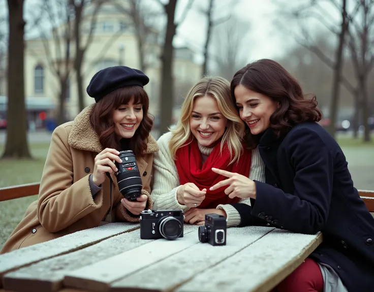Ultra-realistic winter lifestyle photo of three French women at a rustic park table, surrounded by vintage cameras. The brunette (in a beige coat and beret) holds a Leica; the blonde (red scarf, white sweater) leans in with intrigue; the dark-haired one (n...