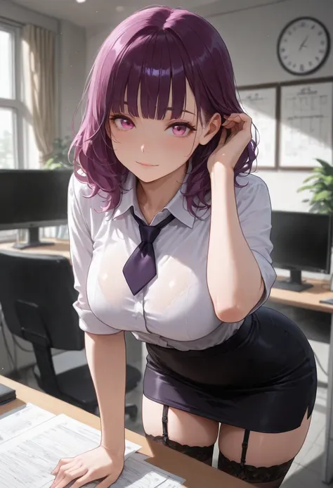 ((solo)), cowboy shot, hand on desk, hair tucking, bent forward, very cute girl, kawaii, violet purple hair, medium hair, wavy hair, blunt bangs, pale pink eyes, light smile, large breasts, pierce, collared shirt, short tie, pencil skirt, garter belt, thig...