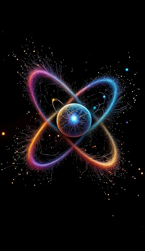 On a black background, creates for me two particles represented in the form of two relatively short threads of thread, of different colors, which represent the basic elements of the formation of matter. The two particles in the form of two relatively short...