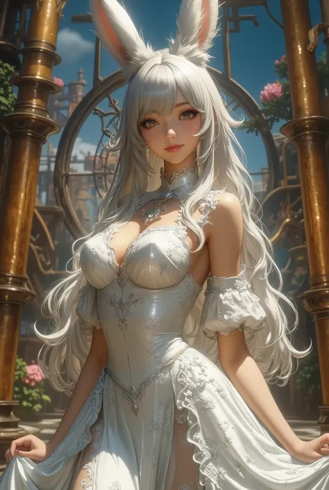 top quality, Super quality, 16K, incredibly absurd, very detailed, 2.5D, delicate and dynamic, Pretty Viera woman, enchanting smile, pure white wedding dress, amazing style, bouquet, steampunk, DIESEL PUNK,  clock punk , cyberpunk, Glitter effect