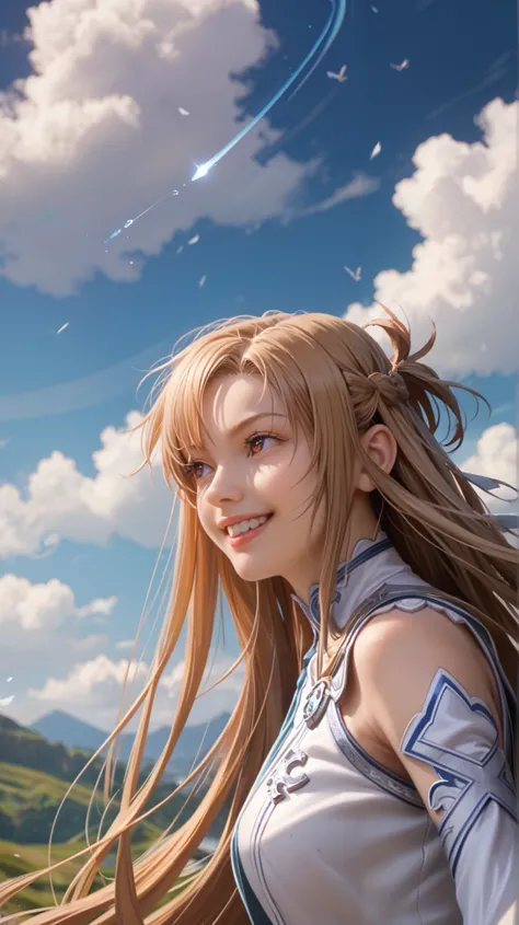 asuna, asuna_\(sao\), 1girl, fantasy, highres, looking_away, looking_to_the_side, original, realistic, scenery, solo, upper_body, smiling, action pose