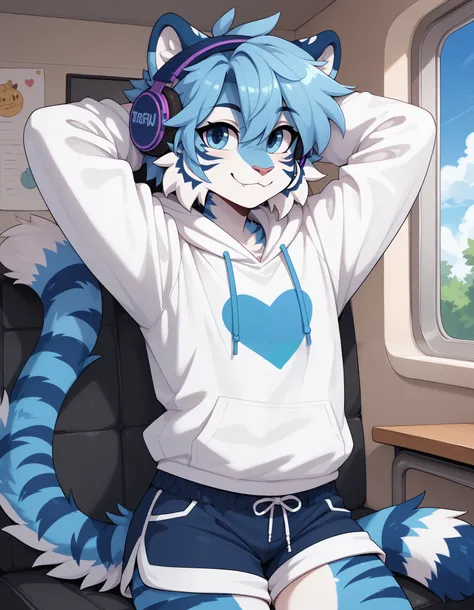 (Masterpiece) (High Detail) (High Res) A slim, curvy and cute tiger Male with blue fur and fluffy blue tiger patterned fur and bright blue eyes and curvy effeminate shape and a thick fluffy stripy tiger tail and a flat chest. Bright Blue Fur.. He is sat on...