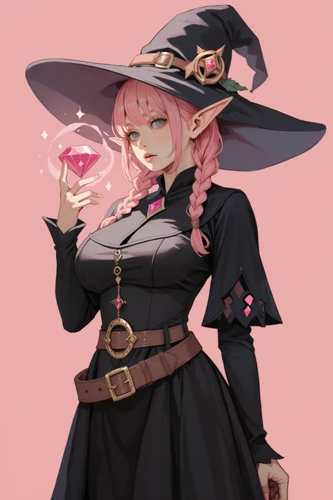 1 girl, pink hair, small braids, bangs, long elf ears, voluptuous, black mage dress, magic sphere, witch hat, belt, monocle, gem accessories, simple pink background