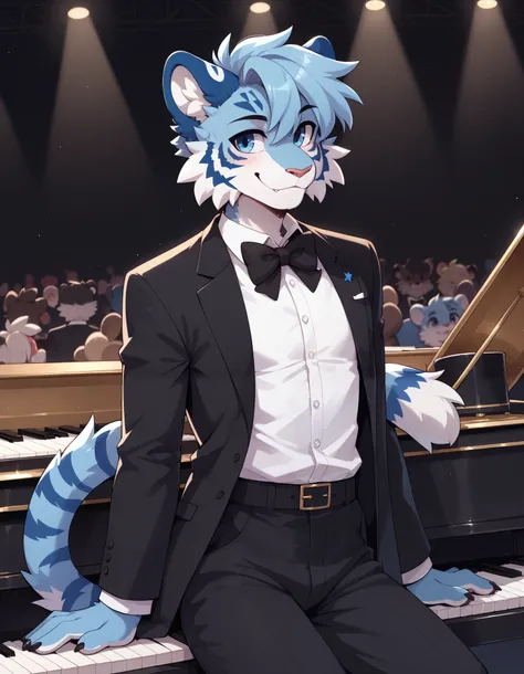 (Masterpiece) (High Detail) (High Res) A slim, curvy and cute tiger Male with blue fur and fluffy blue tiger patterned fur and bright blue eyes and curvy effeminate shape and a thick fluffy stripy tiger tail and a flat chest. Bright Blue Fur. He is wearing...