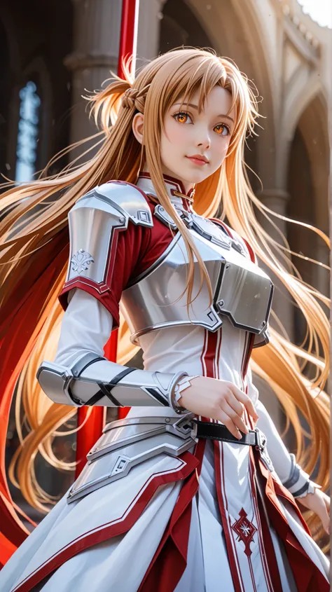 Asuna Yuuki from Sword Art Online in ultra-realistic cinematic photography, set in a futuristic fantasy studio environment with a powerful yet sensual atmosphere.
She has long flowing chestnut hair with subtle natural waves, partially braided on the sides,...