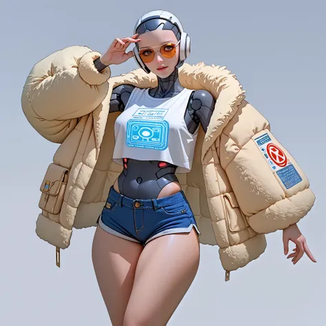 score_9, score_8_up, score_7_up, an alien round white robot that floats in the air called S.P.O.R.K. the robot is displaying a blue human female hologram. She is slim thicc and is wearing shades, shorts, and a fur coat in the blue hologram. When visiting E...