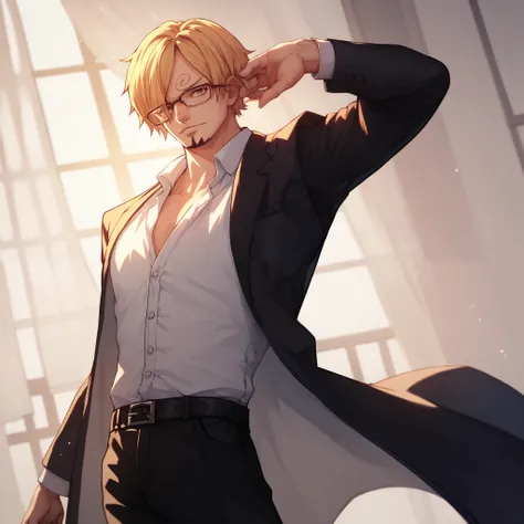 sanji, glasses, formal, black pants, looking at viewer, solo, dancing