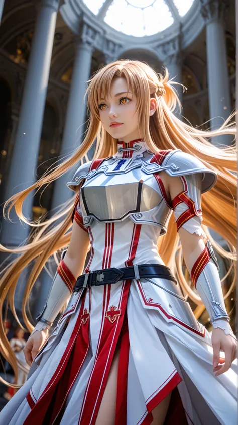 Asuna Yuuki from Sword Art Online in ultra-realistic cinematic photography, set in a futuristic fantasy studio environment with a powerful yet sensual atmosphere.
She has long flowing chestnut hair with subtle natural waves, partially braided on the sides,...