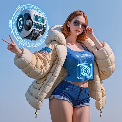 score_9, score_8_up, score_7_up, an alien round white robot that floats in the air called S.P.O.R.K. the robot is displaying a blue human female hologram. She is slim thicc and is wearing shades, shorts, and a fur coat in the blue hologram. When visiting E...