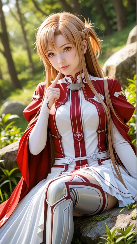 Asuna Yuuki from Sword Art Online in ultra-realistic cinematic photography, sitting gracefully on a moss-covered rock in a soft fantasy studio environment with a mysterious and sensual atmosphere.
She places her index finger gently over her lips in a 'shh'...