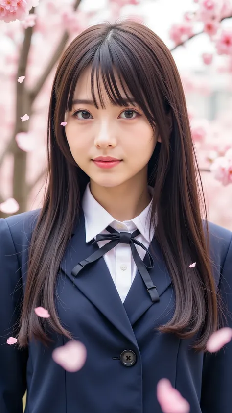 nsfw, Korean idol, Nogizaka Idol,Actress, gravure idol, Graduation Ceremony、 high school girl、uniform 、 navy blue blazer 、 cherry blossoms in full bloom、Cherry Blossom Confetti 、 Term ratio、 cute、(( 18 year old woman:1.2))、Young cute Japanese face , O...