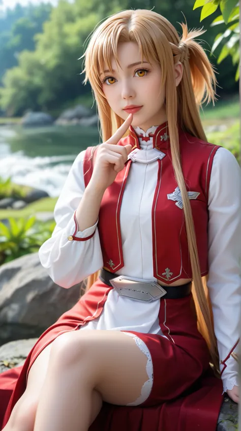 Asuna Yuuki from Sword Art Online in ultra-realistic cinematic photography, sitting gracefully on a moss-covered rock in a soft fantasy studio environment with a mysterious and sensual atmosphere.
She places her index finger gently over her lips in a 'shh'...