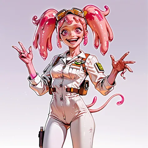 score_9, score_8_up, score_7_up, pink female slime alien (pink alien) , scientist, wear goggles, slime hair is in pig tails. Short, slim thicc. (She has a smile because she is excited about an upcoming experiment) (wearing a jump suit)